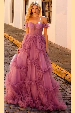 Nox Anabel Y1472 - Ruffle Trim Detailed Off-Shoulder Ballgown