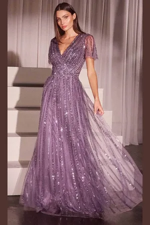 Ladivine CD0241 - Short Sleeve Beaded Evening Gown