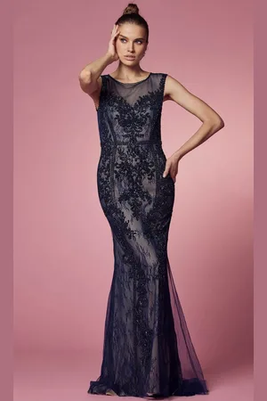 Nox Anabel E1006P - Applique Illusion Evening Dress