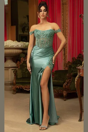 May Queen RQ8183 - Embellished High Slit Evening Dress
