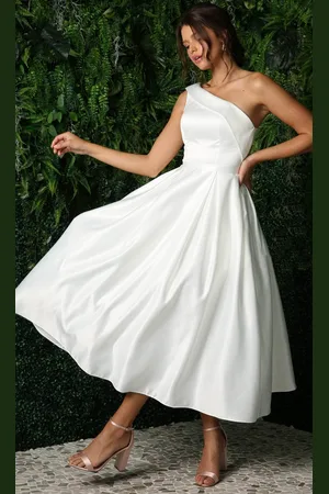 Nox Anabel JE931W - Asymmetrical Neckline Tea-Length Dress