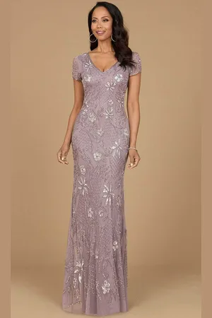Lara Dresses 28972 - Floral Beaded Short Sleeve Evening Dress