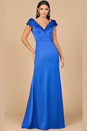 Lara Dresses 28914 - Satin Floral Detailed Neckline Prom Gown