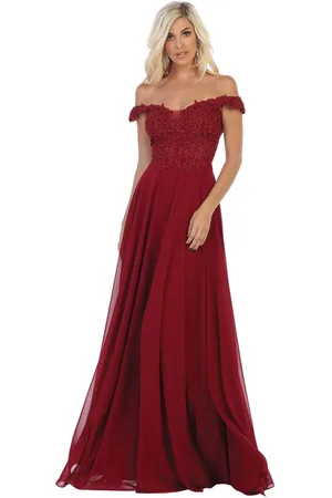 May Queen MQ1602 V Neck Lace Applique Chiffon Long Formal Dress
