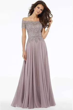 MGNY By Mori Lee 72133 Off Shoulder Lace Appliqued Chiffon Dress