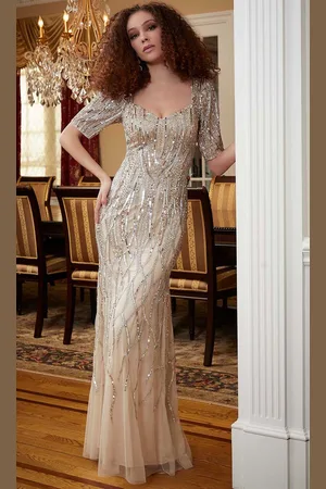 MGNY By Mori Lee 72812 - Beaded Elbow Sleeve Evening Gown
