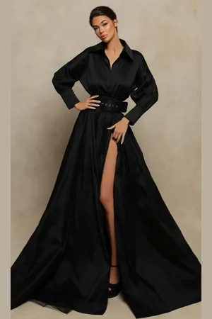 TARIK EDIZ 98099 Long Sleeve Collared A-Line Dress