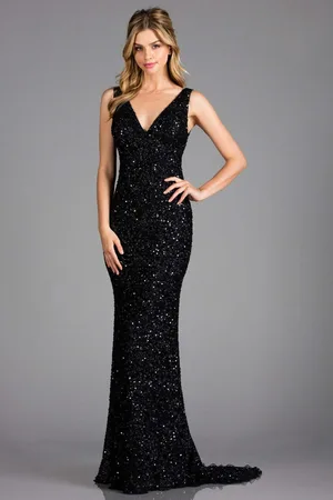Scala Stockholm 48883 Sequined Plunging V-neck Sheath Dress With Train