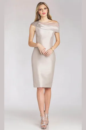 Gia Franco 12163 - Illusion Trim Asymmetric Neck Cocktail Dress