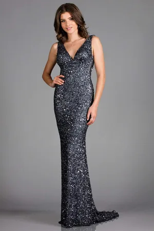 Scala Stockholm 48883 Sequined Plunging V-neck Sheath Dress With Train