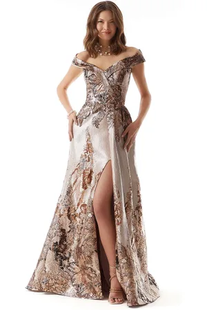 MGNY By Mori Lee 73008 - Metallic Evening Gown with Slit