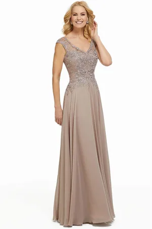 MGNY By Mori Lee 72021 Beaded Lace V-neck A-line Chiffon Gown