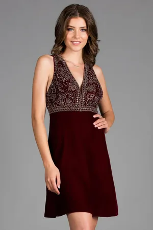 Scala Stockholm 48913 Beaded Plunging V-neck Velvet A-line Dress