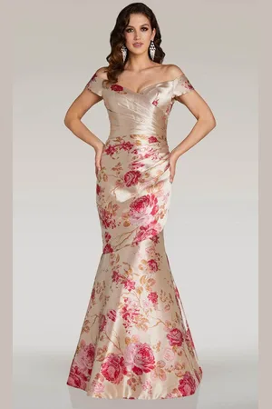 Feriani Couture 18338 - Off Shoulder Floral Print Evening Gown