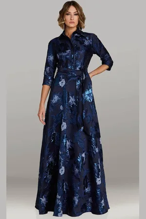 Feriani Couture 18437 - Collared V-Neck Jacquard Evening Gown