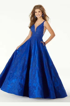 Mori Lee 43089 Sleeveless V Neck Beaded Lace Appliques Satin Gown