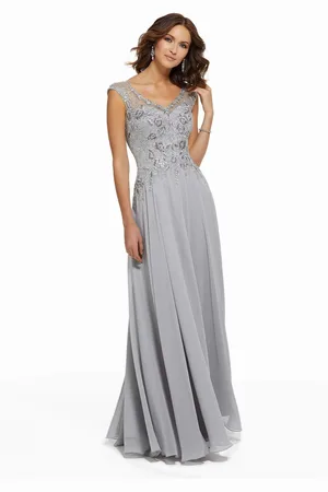 MGNY By Mori Lee 72021 Beaded Lace V-neck A-line Chiffon Gown