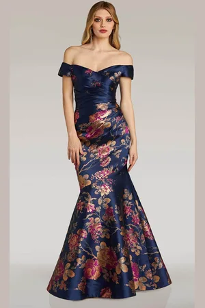 Feriani Couture 18338 - Off Shoulder Floral Print Evening Gown