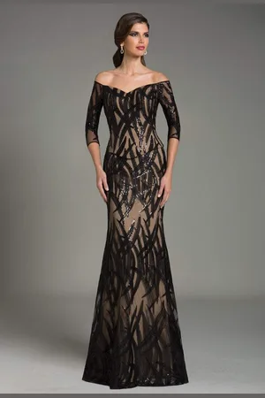 Feriani Couture 18528 Printed Off Shoulder Long Gown