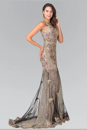 Elizabeth K GL2269 Embroidered Floral Long Dress