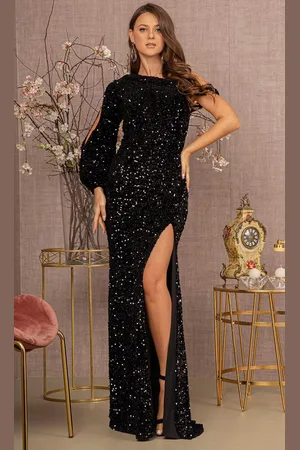 Elizabeth K GL3159 - Bishop Sleeve Sequin Evening Dress