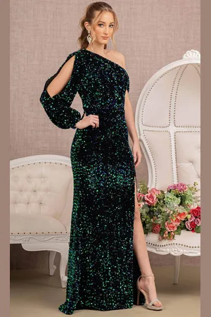 Elizabeth K GL3159 - Bishop Sleeve Sequin Evening Dress