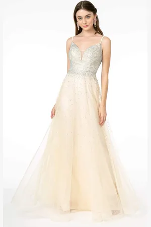 Elizabeth K GL2891 Beaded Bodice Illusion Deep V-Neck Long Dress