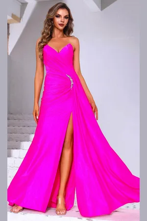Terani Couture 251P4055 - Deep V-Neck Ruched Metallic Prom Gown