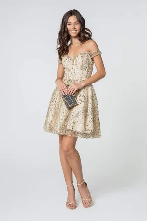 Elizabeth K GS2833 Glitter Off-Shoulder A-Line Cocktail Dress