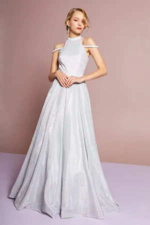 Elizabeth K GL2664 Glitter Crepe High Neck A-line Dress