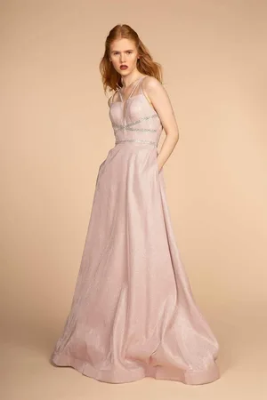 Elizabeth K GL2506 Deep V-neck Glitter Crepe A-line Dress