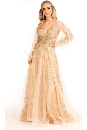 GLS by Gloria GL3001 - Long Puffed Sleeves Deep V-neck Evening Gown
