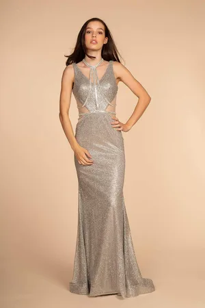 Elizabeth K GL2509 Jeweled Halter Strap Glitter Long Gown