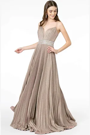 Elizabeth K GL2905 Deep V Neck Pleated Metallic Glitter A-Line Gown
