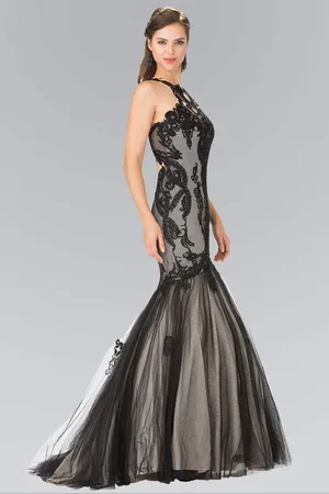 Elizabeth K GL2219 Laced Halter Tulle Mermaid Dress