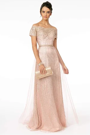 Elizabeth K GL2942 Glitter Print Off-Shoulder A-Line Dress