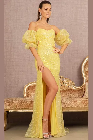 GLS by Gloria GL3155 - Thin Strapped Bedazzled Slit Gown