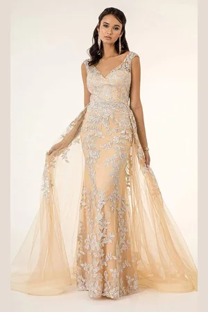 GLS by Gloria GL1920 Beaded Simple Prom Gown with Sheer Overskirt