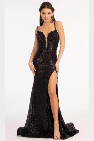 Elizabeth K GL3050 - Lace Trimmed Sequin Prom Dress