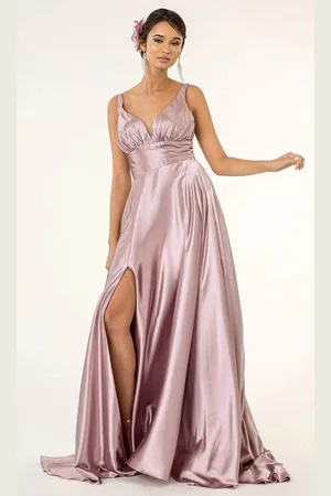 Elizabeth K GL2963 Deep V-Neck Satin A-Line Dress with Slit