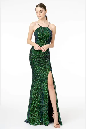 Elizabeth K GL1812 Sequined Halter Trumpet Dress With Train