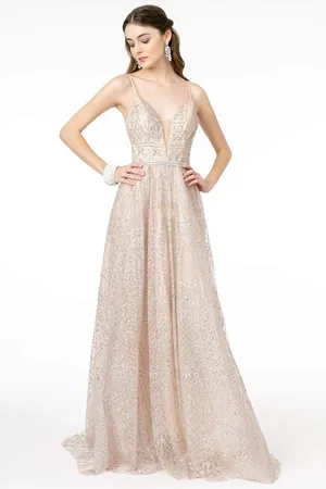 GLS by Gloria GL2915 Deep V-Neck Glitter Mesh A-Line Dress