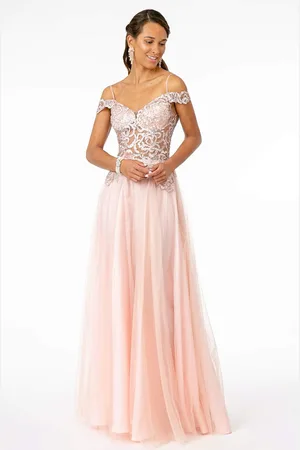 Elizabeth K GL2953 Embroidered Off-Shoulder Mesh A-Line Gown
