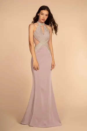 Elizabeth K GL2573 Embellished High Halter Trumpet Dress