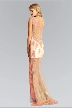 Elizabeth K GL2051 Laced Asymmetrical Neck Mesh Gown
