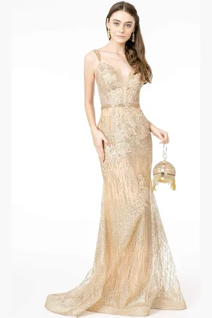 GLS by Gloria GL2889 Plunging Floral Embroidered Mermaid Gown