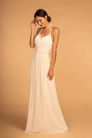 Elizabeth K GL2606 Lace Pleated Halter Chiffon A-line Dress