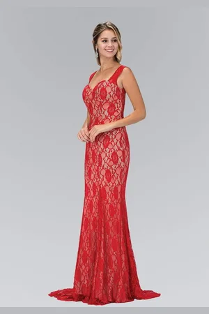 Elizabeth K GL1396 Long Contrast Lace Sheath Gown