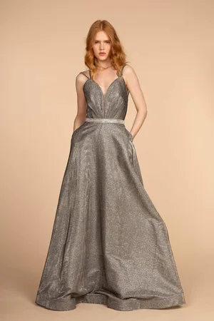 Elizabeth K GL2504 Pleated Plunging Bodice Glitter Long Gown