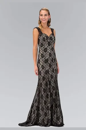 Elizabeth K GL1396 Long Contrast Lace Sheath Gown